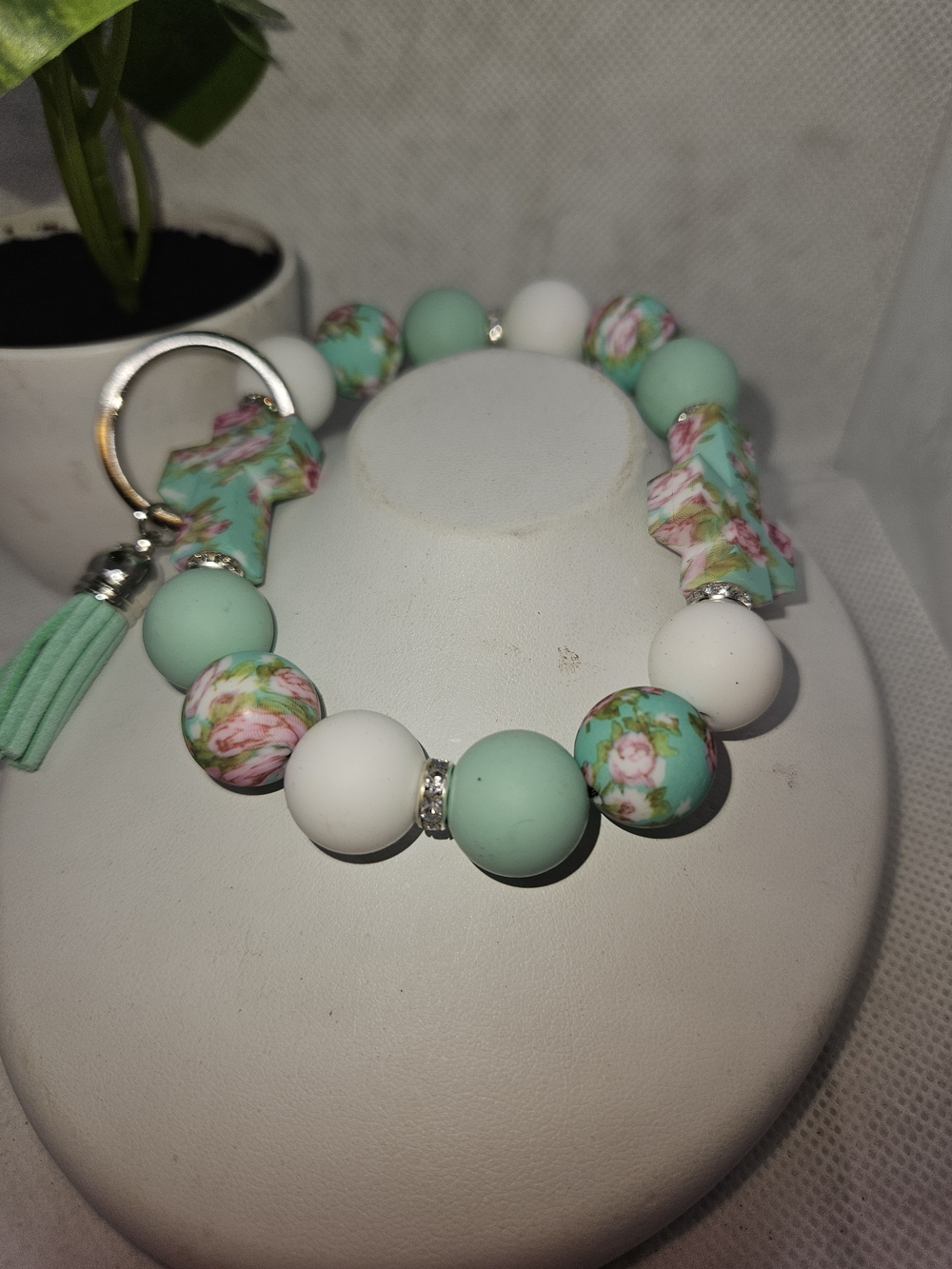 Floral Mint Bead Wristlet Keyring - Women Jewelry
